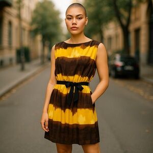 Rachel Roy‎ Brown Yellow Watercolor Sheath Dress M Women Stripe Tie Waist Retro